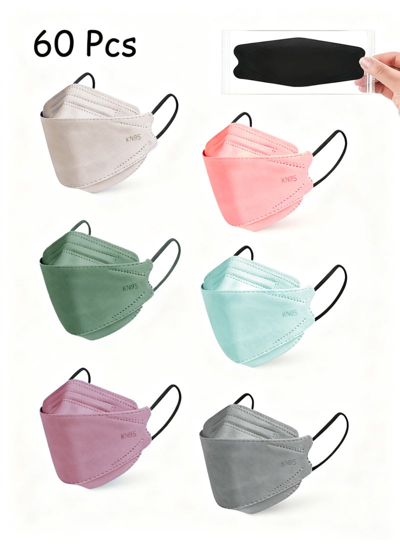 60PCS KF94 Disposable Face Mask,Individually Packaged,Fish Mouth Type 4-Ply Breathable Mask with Adjustable Nose,Daily Use - Image 1