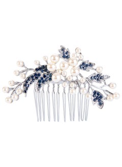 EVER FAITH Wedding Hair Accessories Austrian Crystal Simulated Pearl Floral Leaf Branch Bridal Side Comb Blue for Bride SilverTone