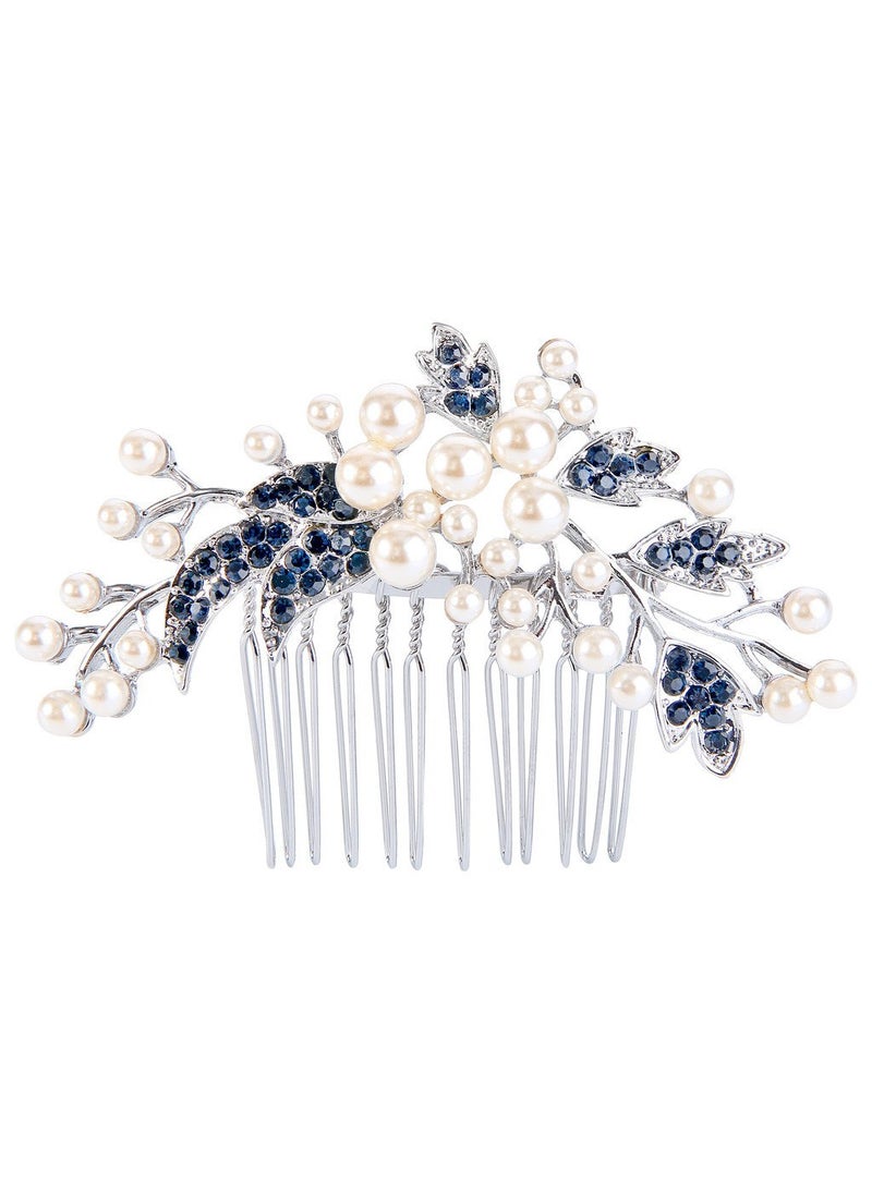 EVER FAITH - EVER FAITH Wedding Hair Accessories Austrian Crystal Simulated Pearl Floral Leaf Branch Bridal Side Comb Blue for Bride SilverTone - Image 1