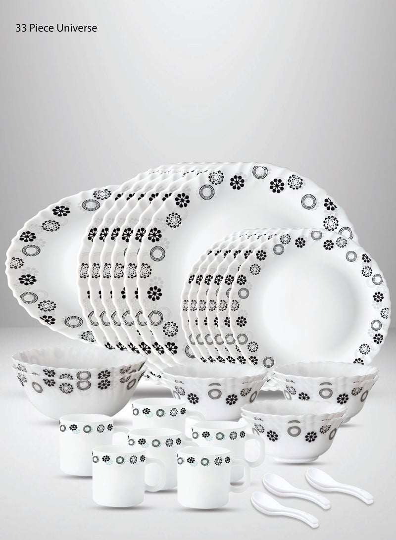 بريتيش شيف طقم عشاء أوبال وير ٣٣ قطعة | آمن للاستخدام في الميكروويف وغسالة الأطباق | طقم عشاء يونيفرس: ٦ أطباق عشاء، ٦ أطباق جانبية، طبق أرز، وعاءان للتقديم، وعاء حساء، ٦ أكواب، ٦ ملاعق - أبيض - Image 1