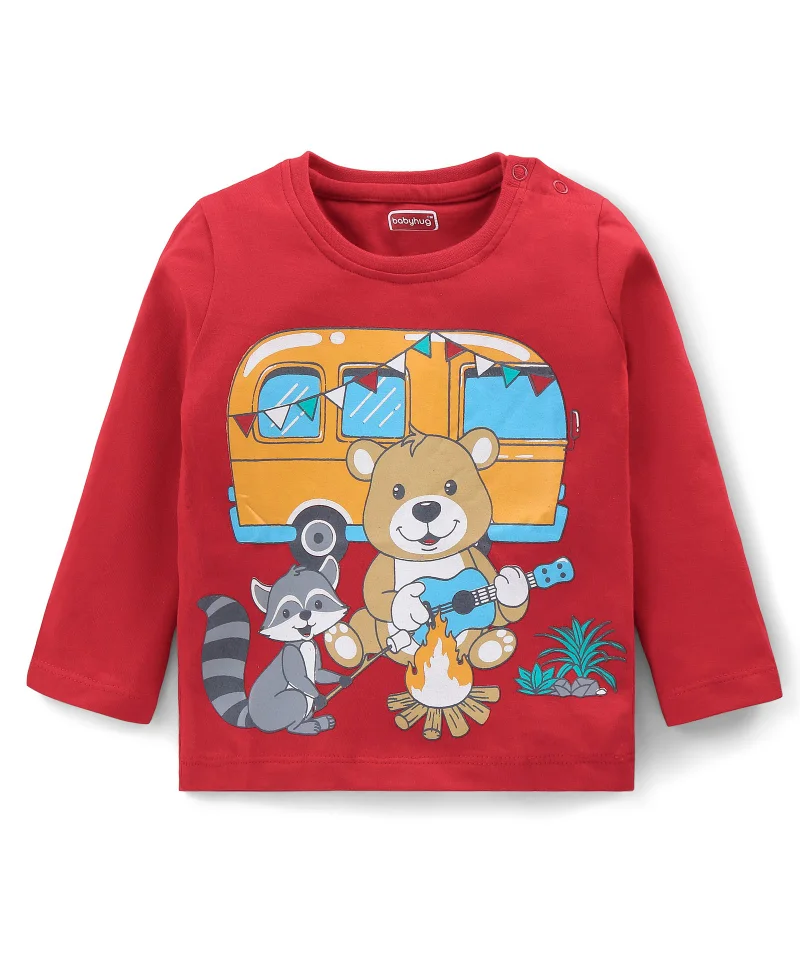 babyhug Babyhug Cotton Knit Full Sleeves Animals Printed T-Shirt - Red