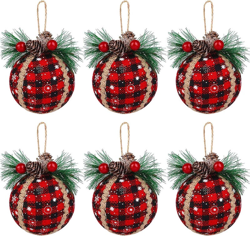 Iceyyyy 6PCS Christmas Plaid Ball Ornaments 2 Inch Black Red Buffalo Plaid Fabric Ball Ornaments with Pine Cones and Greenery Plaid Christmas Tree Hanging Ball Ornaments Festive Decoration