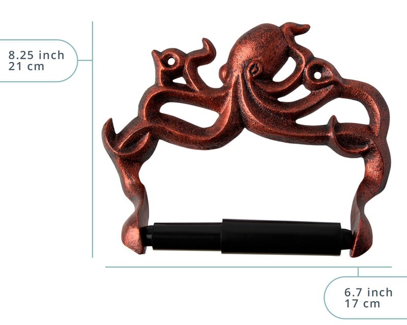 كومفيفي حامل لفائف ورق التواليت الأخطبوط المزخرف من الحديد الزهر - ديكور الأخطبوط المثبت على الحائط للحمام - ملحق الحمام البحري من كراكن - سهل التركيب مع مسامير ومراسي متضمنة - نحاسي وأسود - Image 3