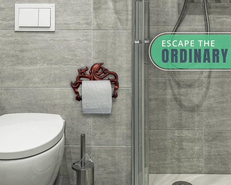 كومفيفي حامل لفائف ورق التواليت الأخطبوط المزخرف من الحديد الزهر - ديكور الأخطبوط المثبت على الحائط للحمام - ملحق الحمام البحري من كراكن - سهل التركيب مع مسامير ومراسي متضمنة - نحاسي وأسود - Image 4