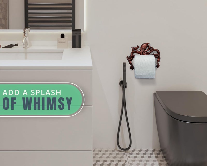 كومفيفي حامل لفائف ورق التواليت الأخطبوط المزخرف من الحديد الزهر - ديكور الأخطبوط المثبت على الحائط للحمام - ملحق الحمام البحري من كراكن - سهل التركيب مع مسامير ومراسي متضمنة - نحاسي وأسود - Image 5