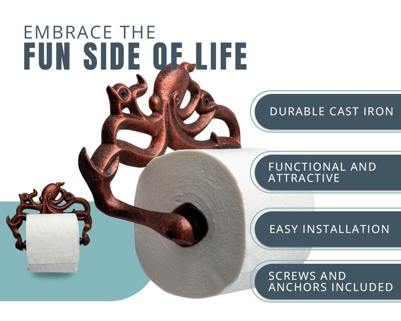 كومفيفي حامل لفائف ورق التواليت الأخطبوط المزخرف من الحديد الزهر - ديكور الأخطبوط المثبت على الحائط للحمام - ملحق الحمام البحري من كراكن - سهل التركيب مع مسامير ومراسي متضمنة - نحاسي وأسود - Image 2