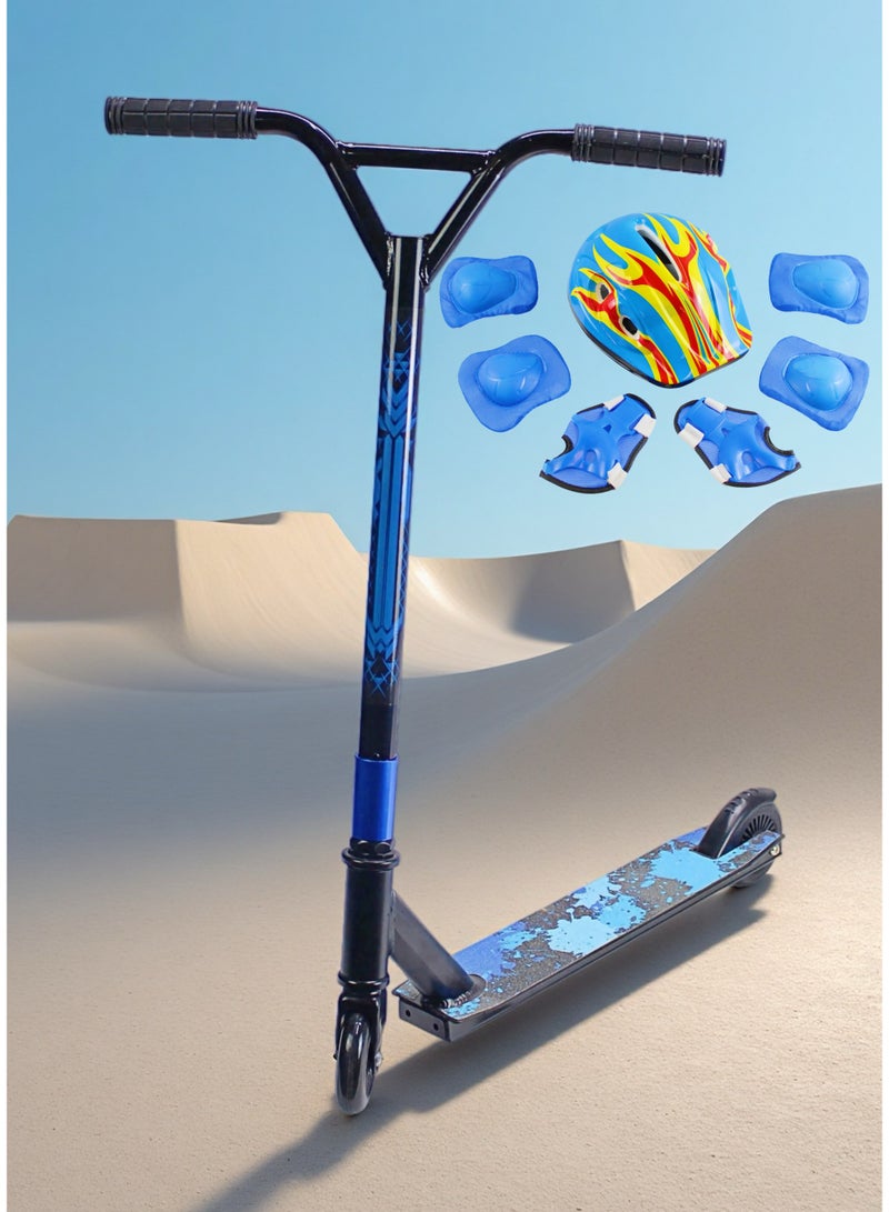 إيزي فيتشور سكوتر EASY FUTURE ذو عجلتين، مصنوع من الألومنيوم، مزود بشريط لاصق مانع للانزلاق، مثالي للحركات البهلوانية، عجلات ألومنيوم 110 مم، مقود عريض على شكل حرف T، فرامل فولاذية، خفيف الوزن، مناسب للحركات البهلوانية بزاوية 360 درجة، مناسب للمبتدئين والمتوسطين، يتضمن مجموعة كاملة من معدات الحماية. - Image 5