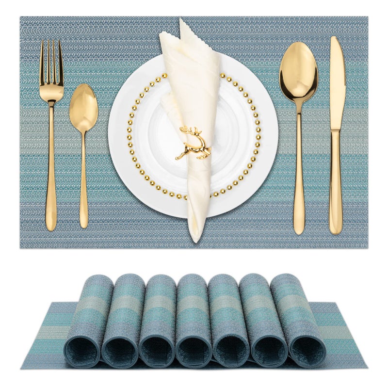 Winknowl Placemats  Set of 8 Heat Resistant Stain Resistant Woven Vinyl Insulation Placemats  Durable Washable Elegant Table Mats for Dining (Blue) - Image 1
