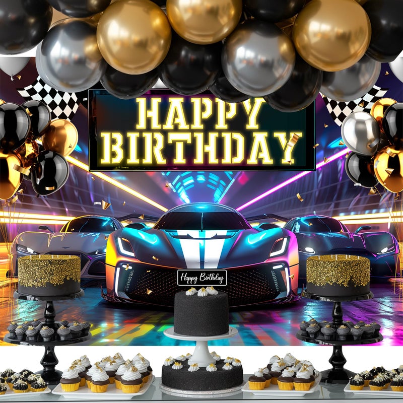 Riyidecor Racing Car Happy Birthday Backdrop Black White Plaid Flag Cool Neon Bday Cartoon 7Wx5H Feet Polyester Fabric for Men Boys Photography Background Bday Table Decor Banner Studio Photo Shoot - Image 4