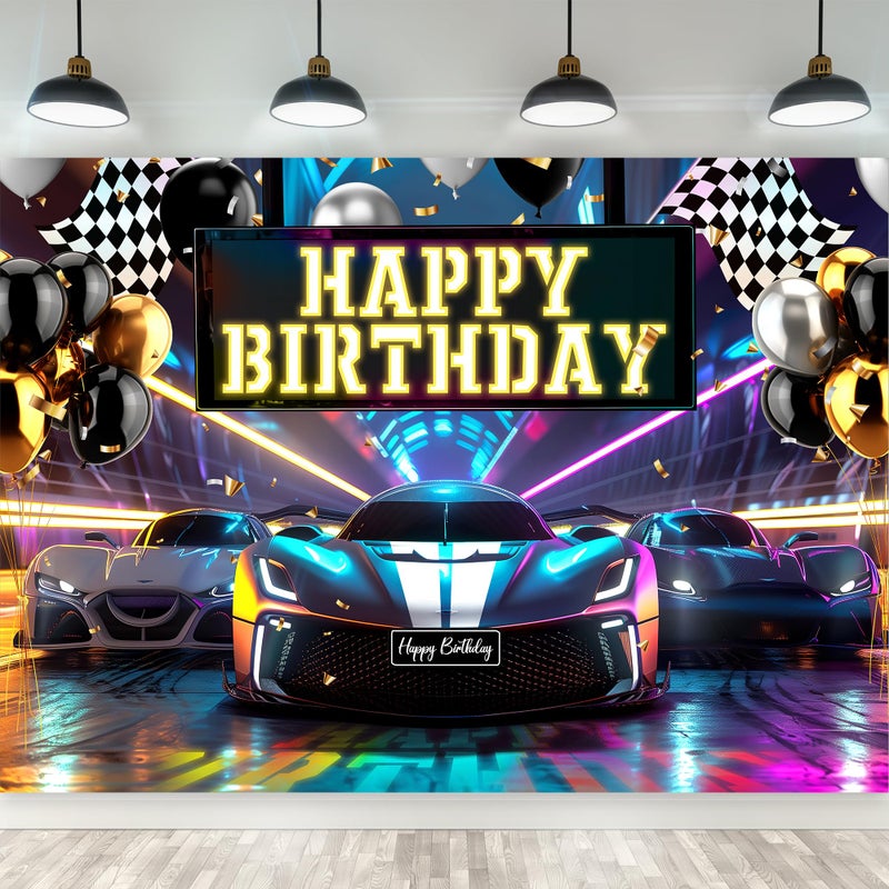 Riyidecor Racing Car Happy Birthday Backdrop Black White Plaid Flag Cool Neon Bday Cartoon 7Wx5H Feet Polyester Fabric for Men Boys Photography Background Bday Table Decor Banner Studio Photo Shoot - Image 1