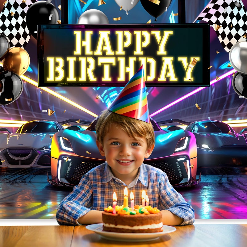 Riyidecor Racing Car Happy Birthday Backdrop Black White Plaid Flag Cool Neon Bday Cartoon 7Wx5H Feet Polyester Fabric for Men Boys Photography Background Bday Table Decor Banner Studio Photo Shoot - Image 3