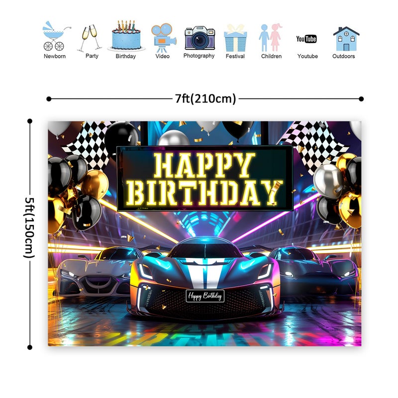 Riyidecor Racing Car Happy Birthday Backdrop Black White Plaid Flag Cool Neon Bday Cartoon 7Wx5H Feet Polyester Fabric for Men Boys Photography Background Bday Table Decor Banner Studio Photo Shoot - Image 2