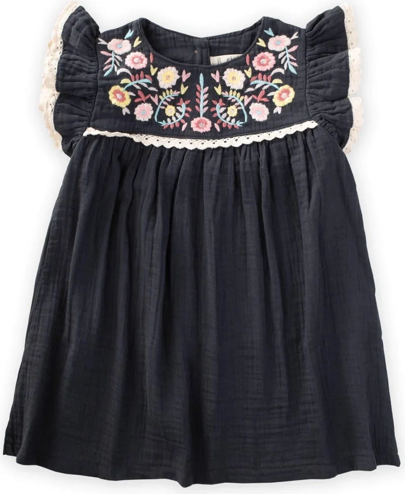 Cigit Floral Embroidered Lace Muslin Dress Anthracite