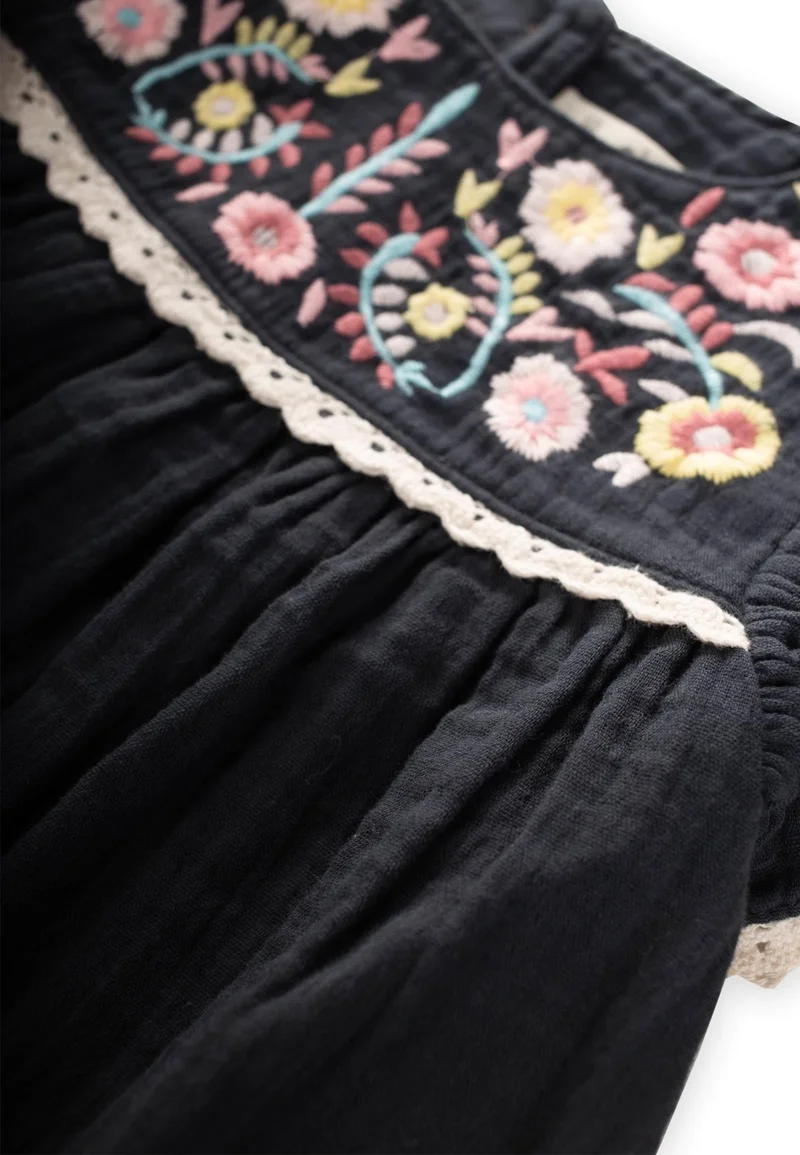 Cigit Floral Embroidered Lace Muslin Dress Anthracite