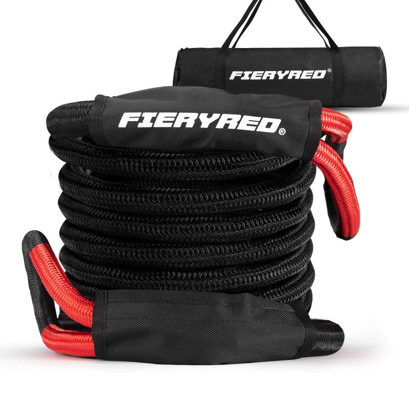 FieryRed Kinetic Energy Recovery Rope 30FT 78 Inch Power Stretch Snatch Strap Vehicle Tow Rope with Reinforced Loops Protective Sleeve Tote Bag for OffRoad 4x4 ATV UTV Pickup