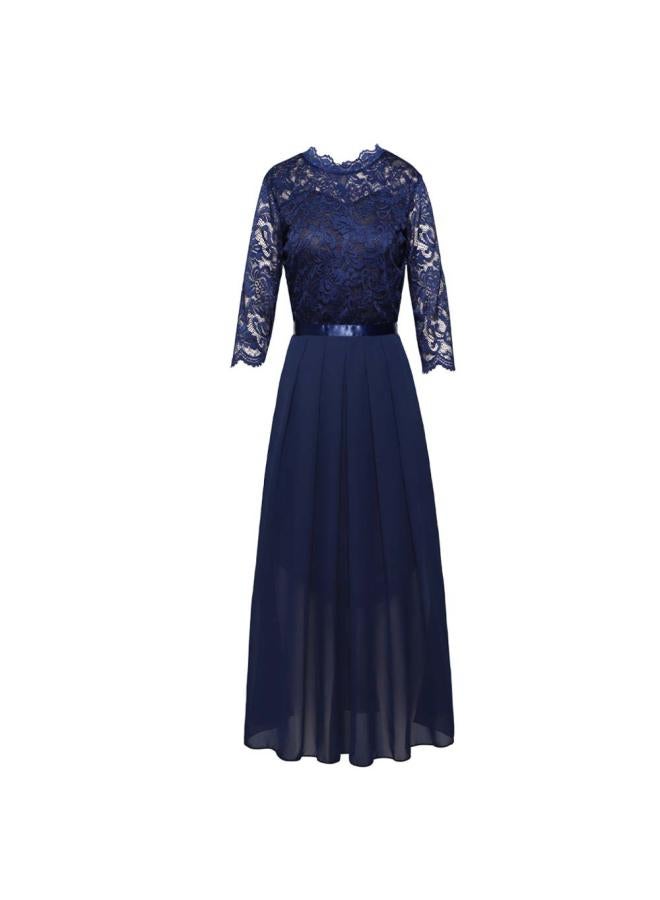 Spot Evening Dress European Station Stitching Chiffon Dress Round Neck Lace Long Dress Evening Dress Women's Dress 