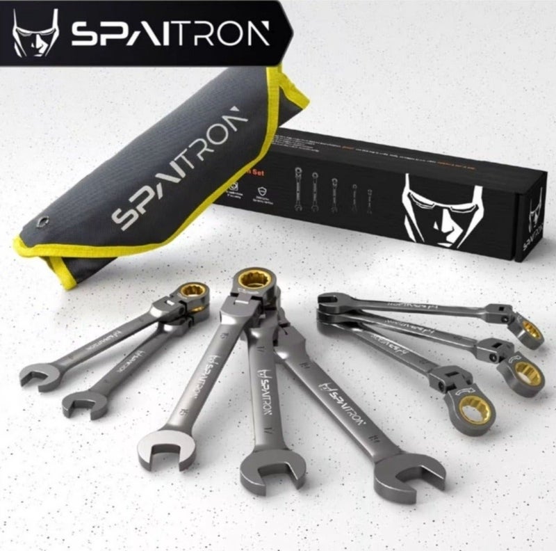 SPAITRON 8-Piece Flex-Head Ratcheting Wrench Set, Metric (6-19mm) - 180° Swivel Head, 72-Teeth CR-V Steel Gear Spanners with Nickel-Plated Anti-Rust Finish and Storage Bag for Automotive & Home Repair - Image 1
