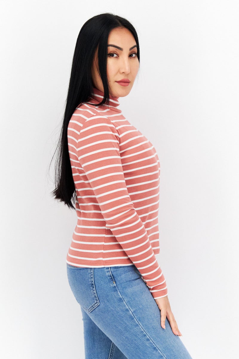 s.Oliver Women High Neck Long Sleeves Stripe Sweatshirts, Brown - Image 3