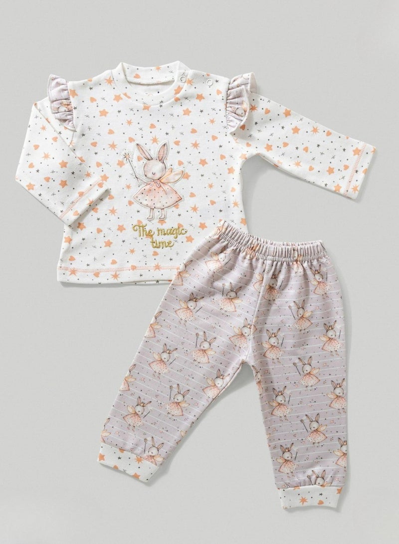 full moon 1 Baby Girls Magic Bunny Print Pyjama Set, Long Sleeve Top and Trousers, White and Pink