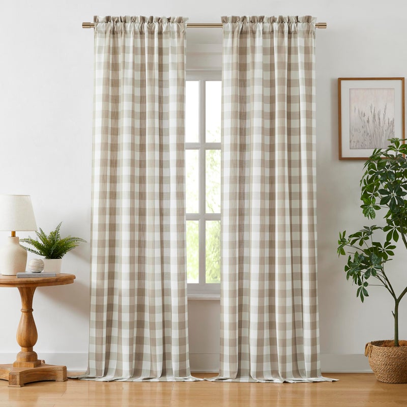 Bapawfish Beige Buffalo Plaid Check Curtain Panels 84 Inch Length,Tan Buffalo Gingham Rustic Farmhouse Style Rod Pocket Window Drapes Treatment for Bedroom Living Room,2 Panels,40" Wx84 L,Beige/White - Image 1