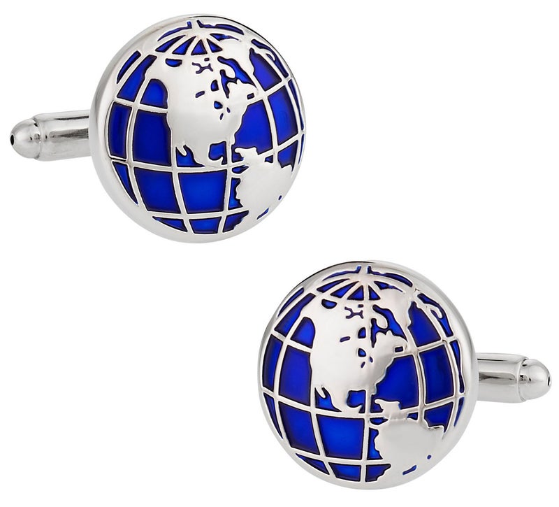 Cuff-Daddy Blue Globe Geography World Frequent Travel Cufflinks with Presentation Gift Box for Men Husband - Image 1
