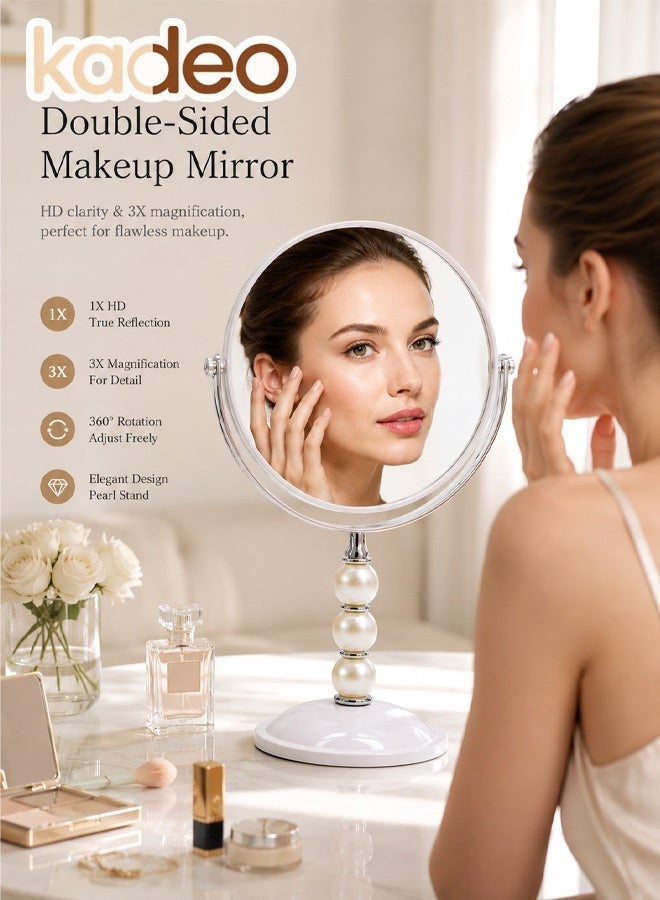 kadeo Vanity Makeup Mirror Double-Sided 3X Magnification, 360° Rotatable Desk Mirror with Pearl Decor, Portable Beauty Mirror for Bedroom, Bathroom, Dressing Table - Image 4