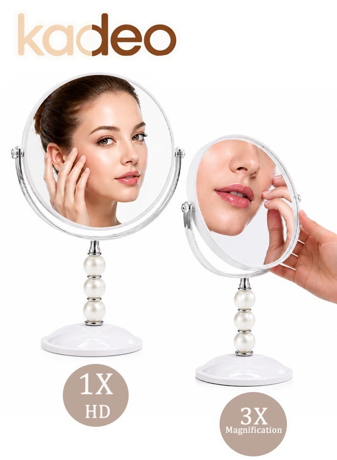 kadeo Vanity Makeup Mirror Double-Sided 3X Magnification, 360° Rotatable Desk Mirror with Pearl Decor, Portable Beauty Mirror for Bedroom, Bathroom, Dressing Table - Image 1