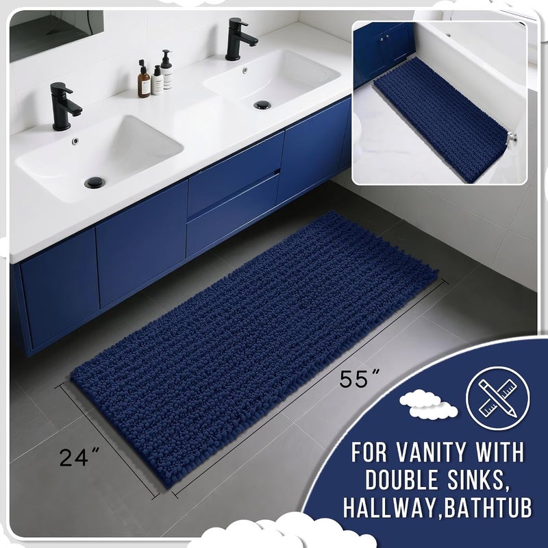 Yimobra Bathroom Runner Rug 55x24 Inch - Extra Long Non Slip Chenille Bath Mat, Soft & Absorbent, Machine Washable Shaggy Hallway Carpet for Vanity Tub Shower, Navy Blue Home Decor Accessories - Image 2