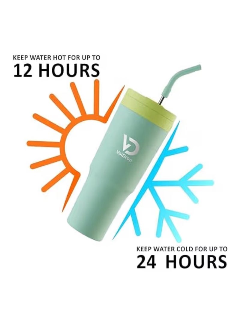 فوي دروب VoiDrop كوب سفر حراري مفرغ من الهواء (فراغ مزدوج) من الفولاذ المقاوم للصدأ - سعة 1200 مل مع غطاء مزود بماصة - تصميم عصري معزول، ملائم لحاملات الأكواب في السيارات، ويحافظ على برودة المشروبات لمدة 24 ساعة. - Image 3