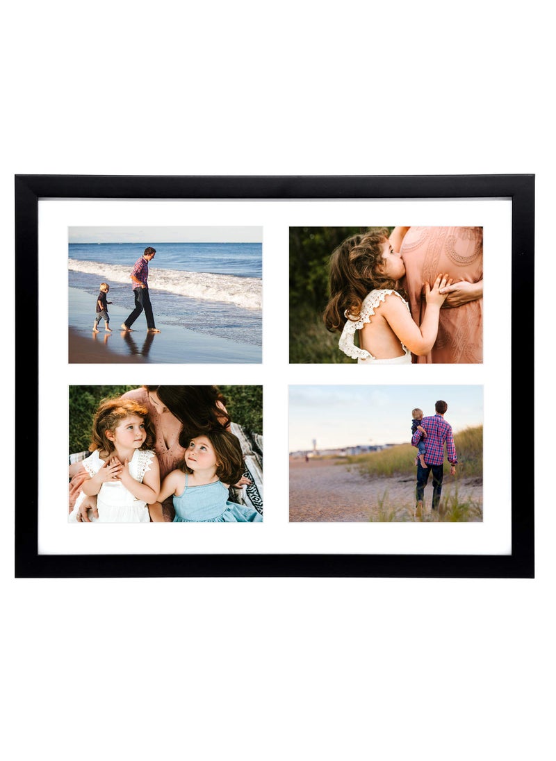 Golden State Art Golden State Art 12x16 Black Wood Collage Picture Frame  Picture Frame with White Mat Displays Four 5x7 Photos  Collage Frame  Tempered Glass Sawtooth Hanger Swivel Tabs  Wall Mounting 