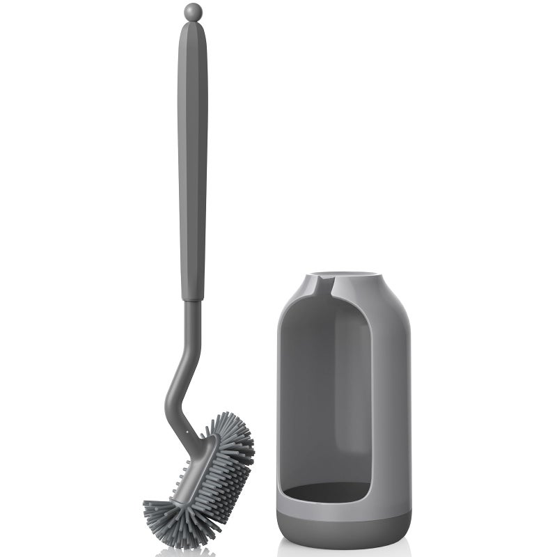 HAMITOR Toilet Bowl Brush Holder Set Deep Cleaning Silicone Toilet Cleaner Scrubber Under Rim with Curved Bristle for Bathroom Dead Corner Clean Modern Rv Toilet Decorative Accessories Gray