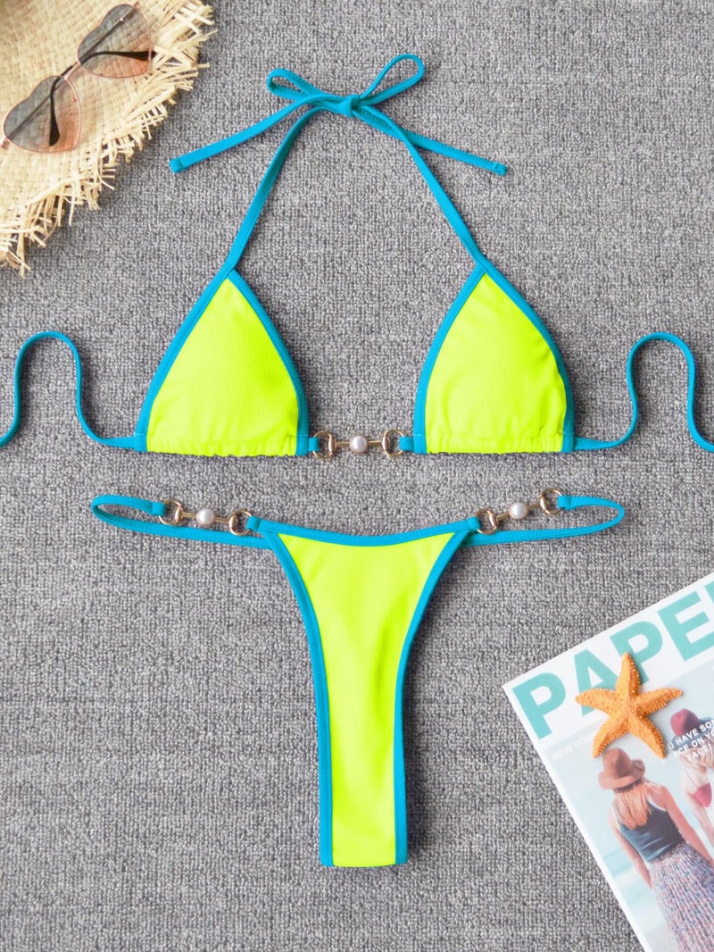 TASHEHE Women's Triangle Thong Bikini Set Sexy String Brazillian Two Piece Swimsuit Cute Bikini Bathing Suit - Neon Yellow - Small - Image 5
