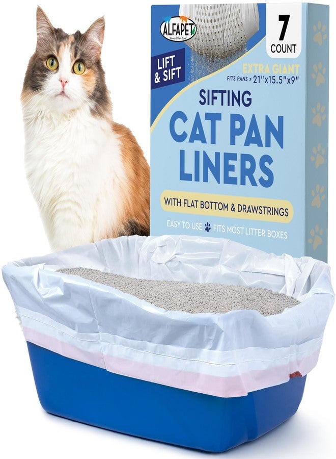 Alfapet Sifting Cat Litter Box Liners, Set of 7 - Flat Base Disposable Cat Waste Tray Bags for Pet Poop - XL Design for Large Trays - With Inbuilt Drawstring Handles - Liner Fits the Corner of the Pan - Image 1