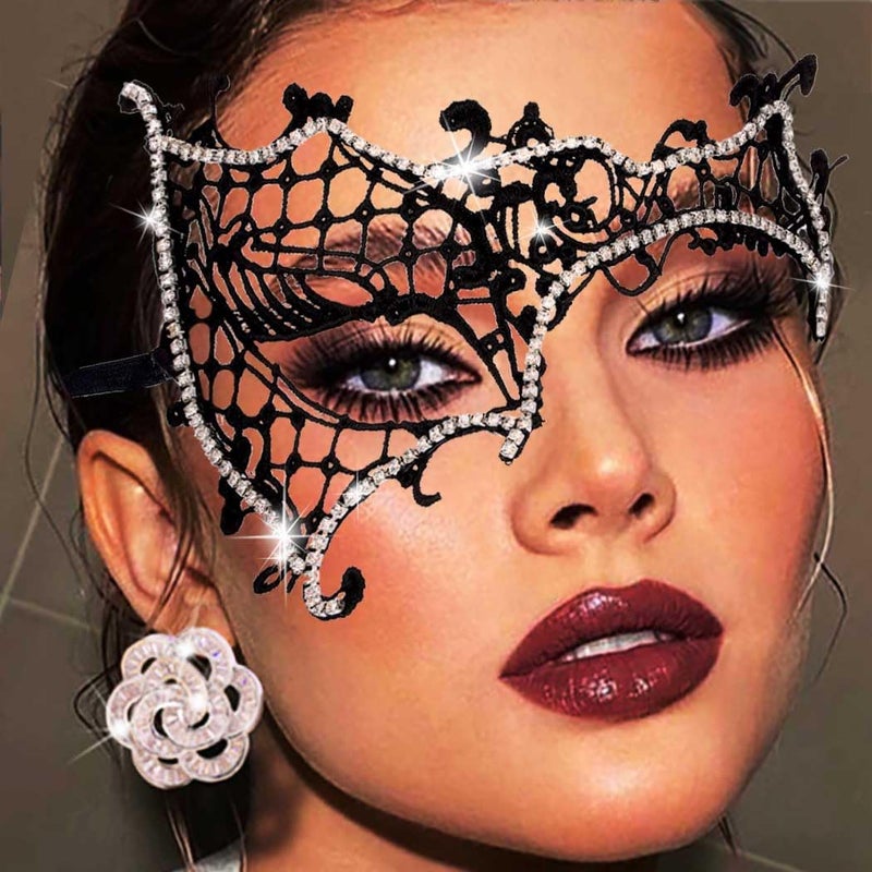 Yalice Rhinestone Masquerade Lace Masks for Women Lace Eye Mask Black Masquerade Sparkle Crystal Half Face Mask for Ball Party (Style-A) - Image 1