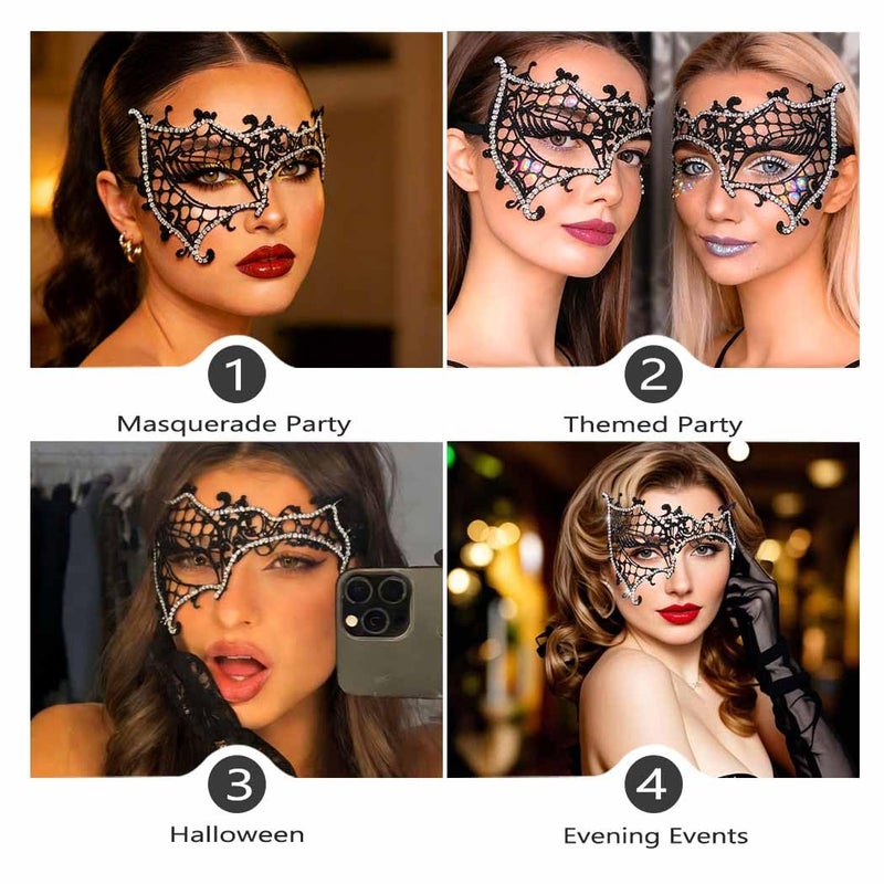 Yalice Rhinestone Masquerade Lace Masks for Women Lace Eye Mask Black Masquerade Sparkle Crystal Half Face Mask for Ball Party (Style-A) - Image 4
