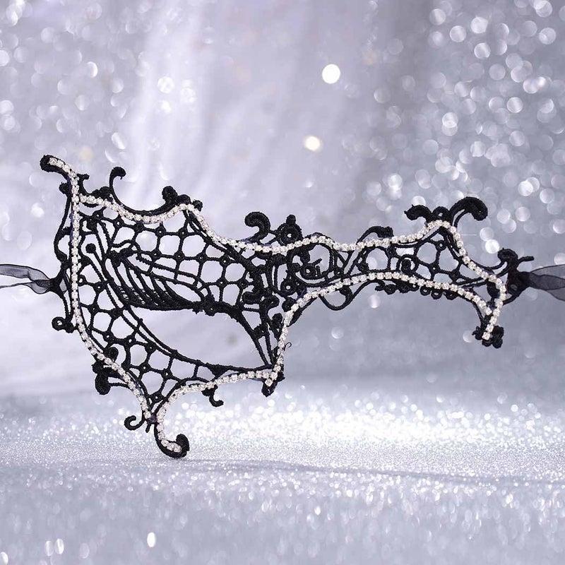 Yalice Rhinestone Masquerade Lace Masks for Women Lace Eye Mask Black Masquerade Sparkle Crystal Half Face Mask for Ball Party (Style-A) - Image 2