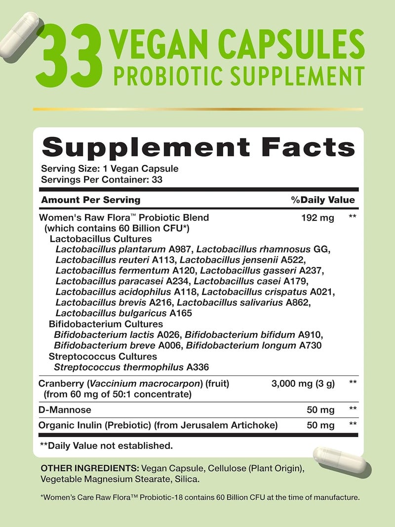 Natures Truth Raw Flora Probiotics for Women  60 Billion CFU  33 Vegan Capsules  with Cranberry  DMannose  Vegan  Gluten Free Vitamins - Image 2