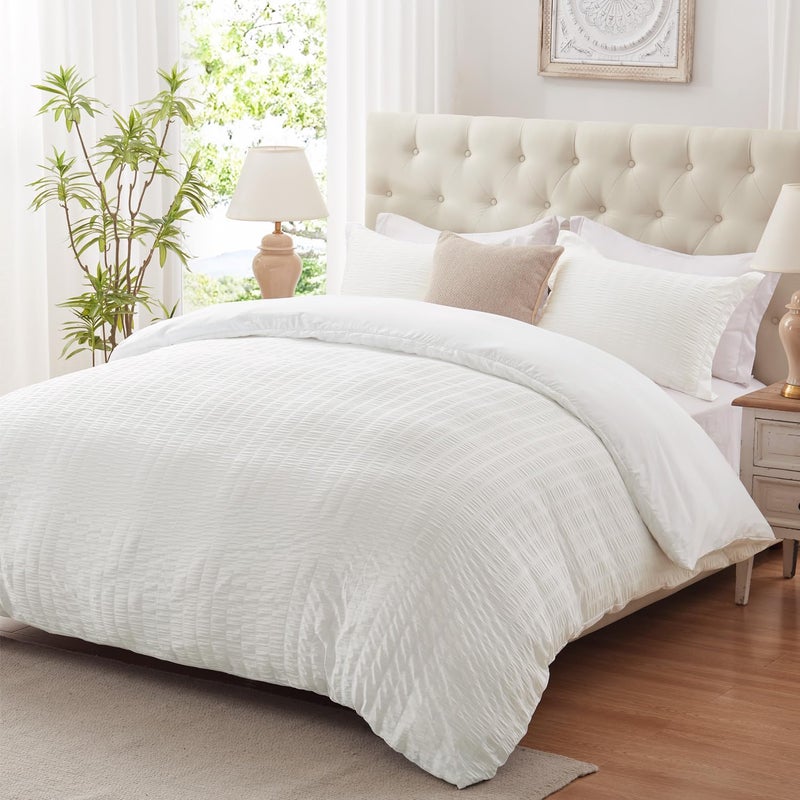 Cozyide White Duvet Cover Queen Size 3 Pieces Bedding Duvet Covers Soft Breathable Seersucker Duvet Cover Set with Zipper Closure and Corner Ties 1 Duvet Cover 90x90  2 Pillow Shams 20x26