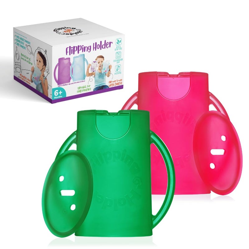 Flipping Holder Squeeze Proof Food Pouch Holder for Toddlers, Babies, Kids, Mess Free No Squeeze Juice Box Drink and Applesauce Snack Holder with Easy Grip Handles and Lid - Image 1