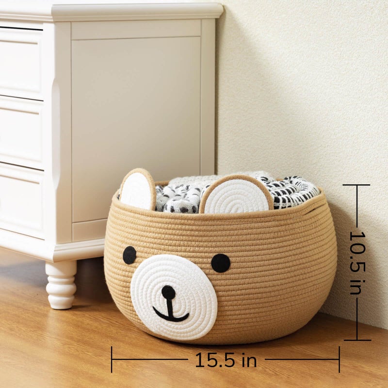 CherryNow Baby Basket for Newborn, Empty Baskets for Gift, Medium Animal Basket for Toy Clothes Towel, Woven Rope Bear Baskets for Kids, Brown, 15.7"D x 10.5"H - Image 3