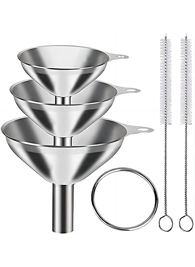 5 في 1 أقماع معدنية صغيرة لملء الزجاجات مجموعة أقماع مطبخ صغيرة من الفولاذ المقاوم للصدأ لنقل الزيوت العطرية السائلة والتوابل والمكونات الجافة ومسحوق متين وآمن للاستخدام في غسالة الأطباق (أرسل 2 فرشاة تنظيف) - Image 1