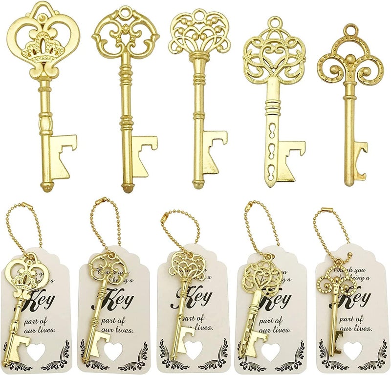 WODEGIFT 50 PCS Key Bottle Openers,Bridal Shower Favors,Rustic Wedding Favors,Gifts,Decorations or Souvenirs for guests Bulk ,Bridal Shower Party Favors with Card Tag and Chains (Gold) - Image 1