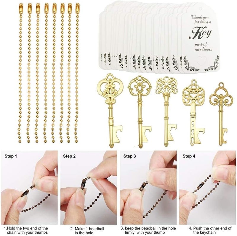 WODEGIFT 50 PCS Key Bottle Openers,Bridal Shower Favors,Rustic Wedding Favors,Gifts,Decorations or Souvenirs for guests Bulk ,Bridal Shower Party Favors with Card Tag and Chains (Gold) - Image 2
