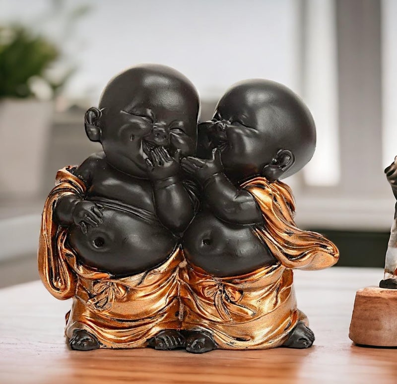 Karigaari India Handcrafted Resine Little Laughing Buddha Showpiece | Buddha Idols for Home Decor I Buddha Showpiece I Showpiece for Home I Color: Black & Bronze - Image 1
