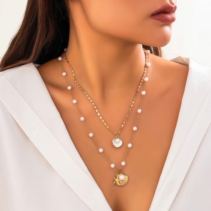 Nackiy Shell Starfish Necklace for Women, 14k Gold Boho Layered Beaded Charm Pendant Necklace, Dainty Adjustable Pearl Conch Summer Beach Vacation Jewelry Gifts(Shell&Pearl 2pcs) - Image 4