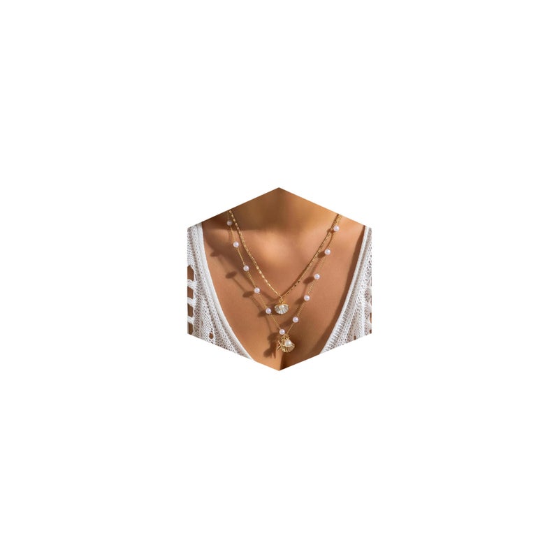 Nackiy Shell Starfish Necklace for Women, 14k Gold Boho Layered Beaded Charm Pendant Necklace, Dainty Adjustable Pearl Conch Summer Beach Vacation Jewelry Gifts(Shell&Pearl 2pcs) - Image 1