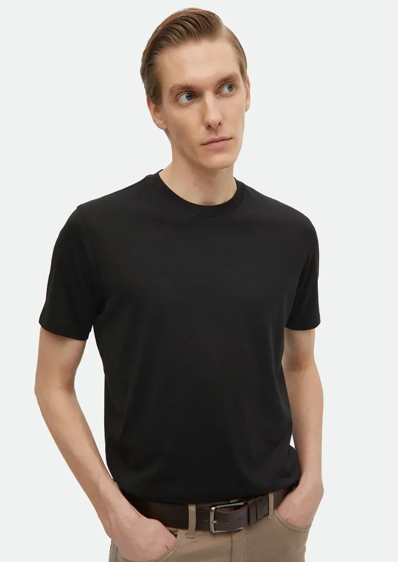 Ramsey Black Plain Crew Neck Silk Blended T-Shirt