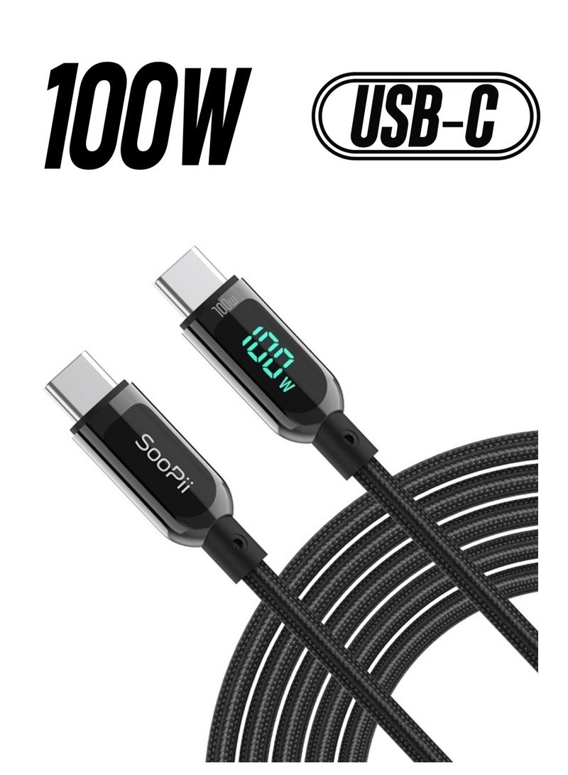 Soopii كابل شحن سريع USB C إلى USB C بقوة 100 واط بطول 6.6 قدم، كابل نوع C مضفر من النايلون مع شاشة LED لجهاز iPad Air/iPad Pro، MacBook Pro، Samsung Galaxy S21/S10/S9/Plus (أسود) - Image 1