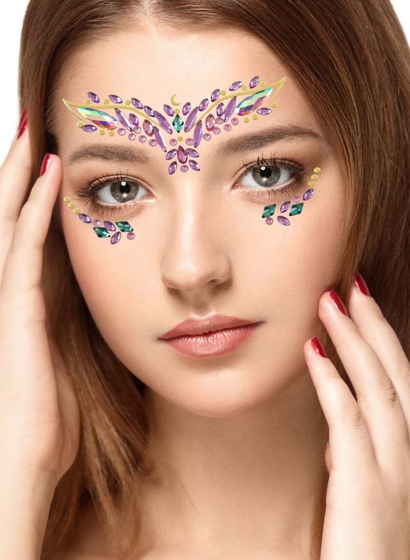 Luxury Face Gems – Self-Adhesive Pink & Purple Crystal Face Stickers with Gold Foil Accents for Festivals, Raves, Concerts, Carnivals, Parties, Weddings, Halloween, Cosplay & Costume Makeup | Easy-to-Apply Face Jewels for Glam Looks, Stage Performances & Festival Beauty Accessories  - Image 3