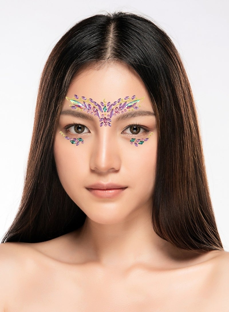 Luxury Face Gems – Self-Adhesive Pink & Purple Crystal Face Stickers with Gold Foil Accents for Festivals, Raves, Concerts, Carnivals, Parties, Weddings, Halloween, Cosplay & Costume Makeup | Easy-to-Apply Face Jewels for Glam Looks, Stage Performances & Festival Beauty Accessories  - Image 1